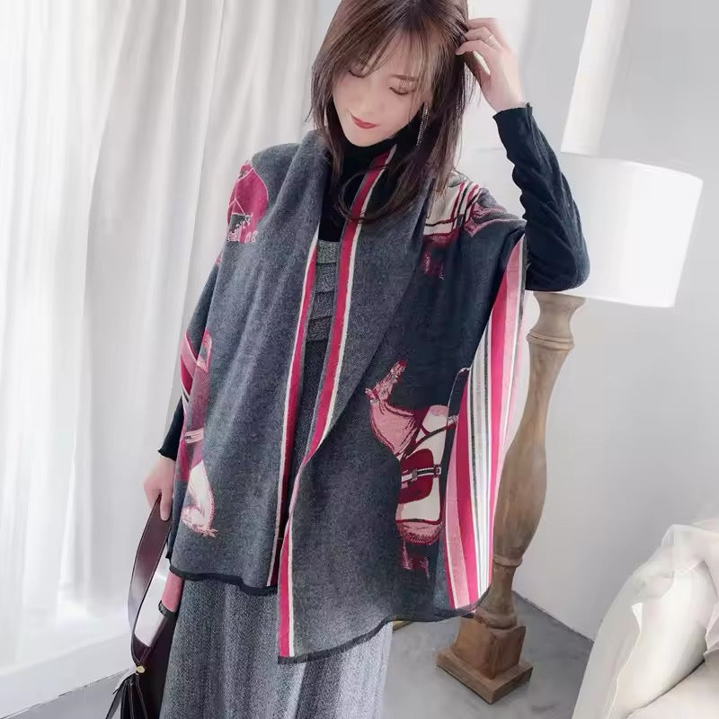 Luxury Women Limited Edition Horse Design Cashmere Touch Scarf - Warm Fringe Shawl