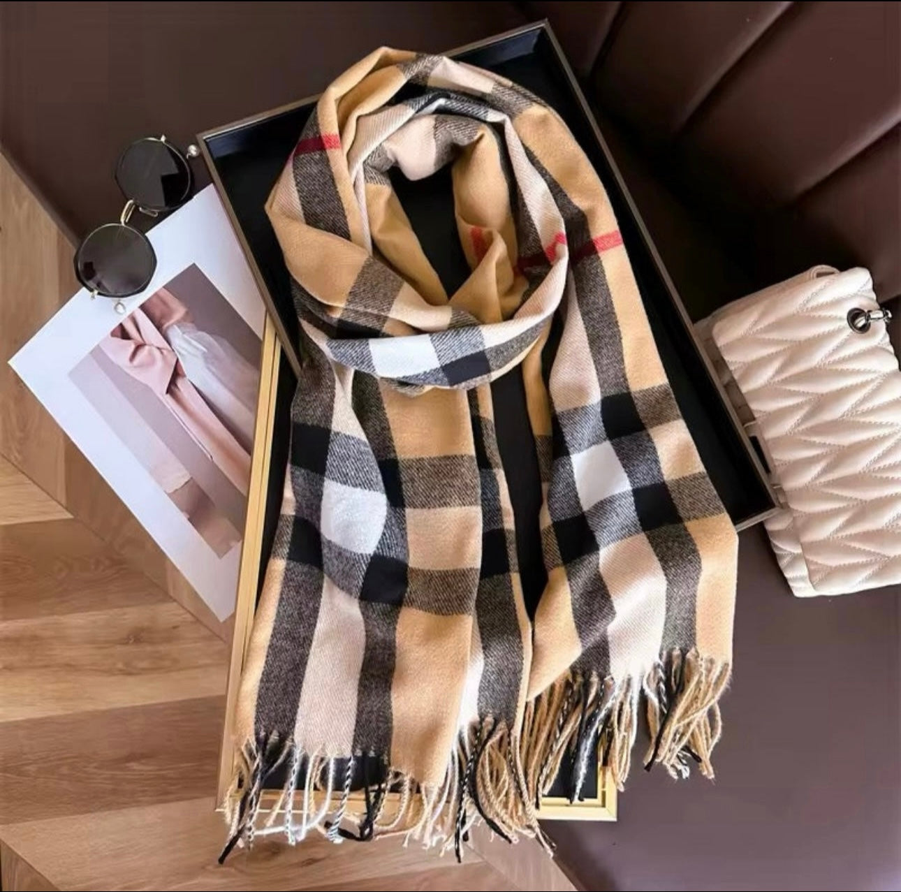 Men & Women Checked Pattern Cashmere Touch Scarf - Warm Fringe Shawl