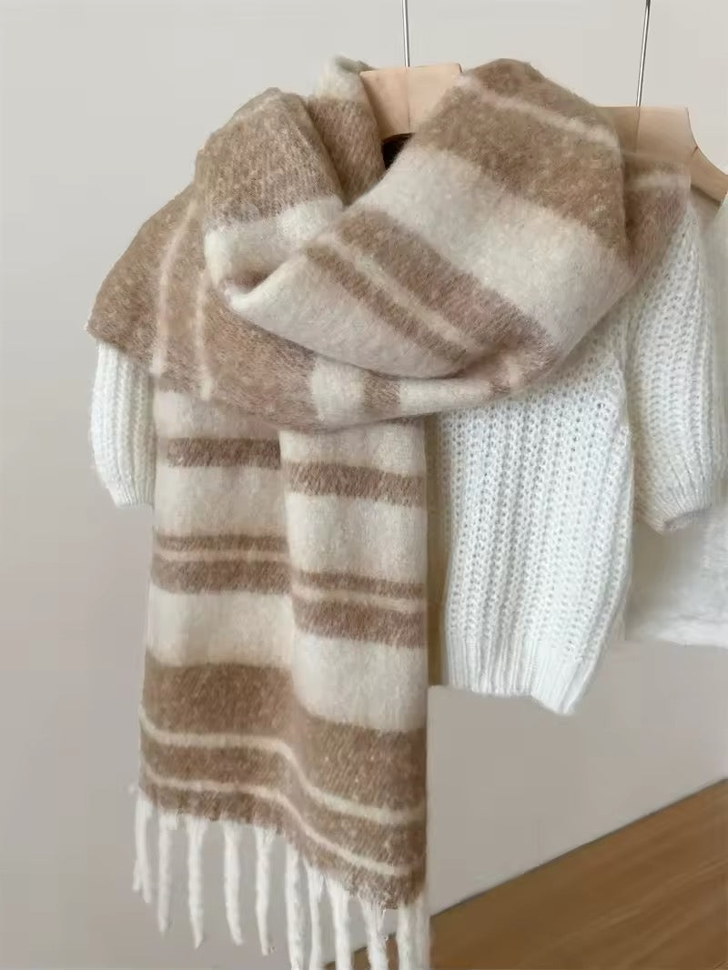 Women & Men Wool Scarf Winter High-End Autumn Winter Versatile Mohair Thickened Striped Meridian Shawl Women Woollen