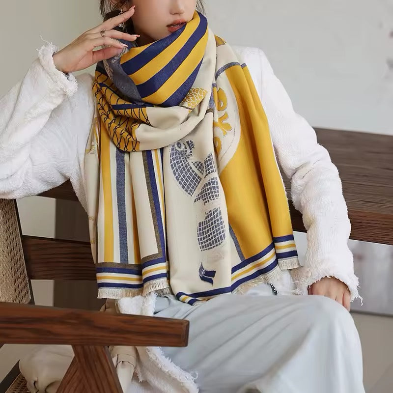 Luxury Women Limited Edition Horse Design Cashmere Touch Scarf - Warm Fringe Shawl