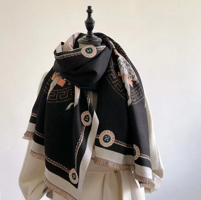 Luxury Women Limited Edition Horse Design Cashmere Touch Scarf - Warm Fringe Shawl