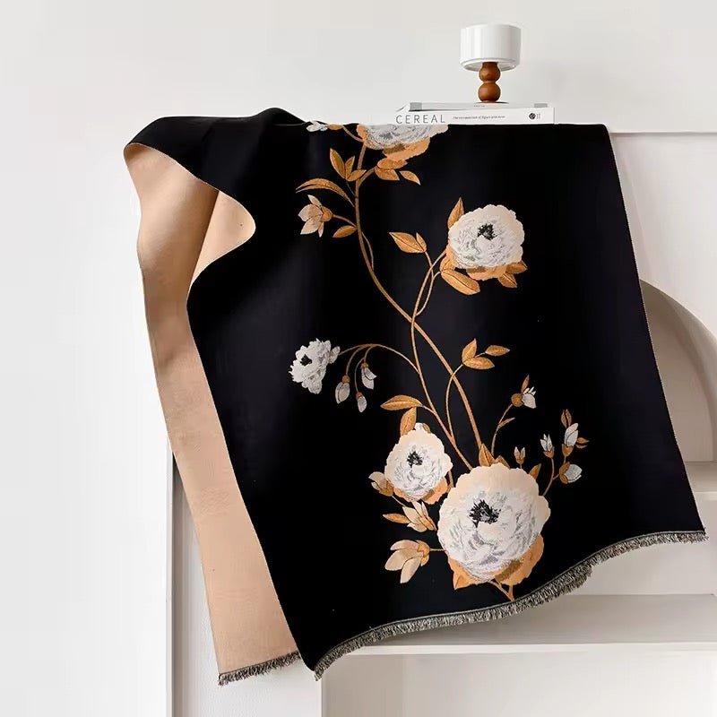 Luxury Women Floral Cashmere Touch Flower Scarf - Warm Fringe Shawl