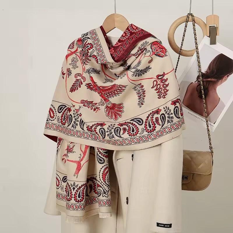 Luxury Women Classic Pashmina Double Sided Cashmere Touch Scarf - Warm Fringe Shawl Women Floral