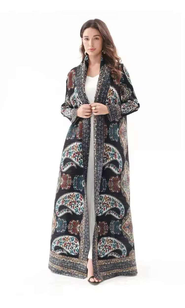 Women Split Abaya Vintage Printed Design Lapel Long Sleeved Open Front Cardigan Loose Big Collar