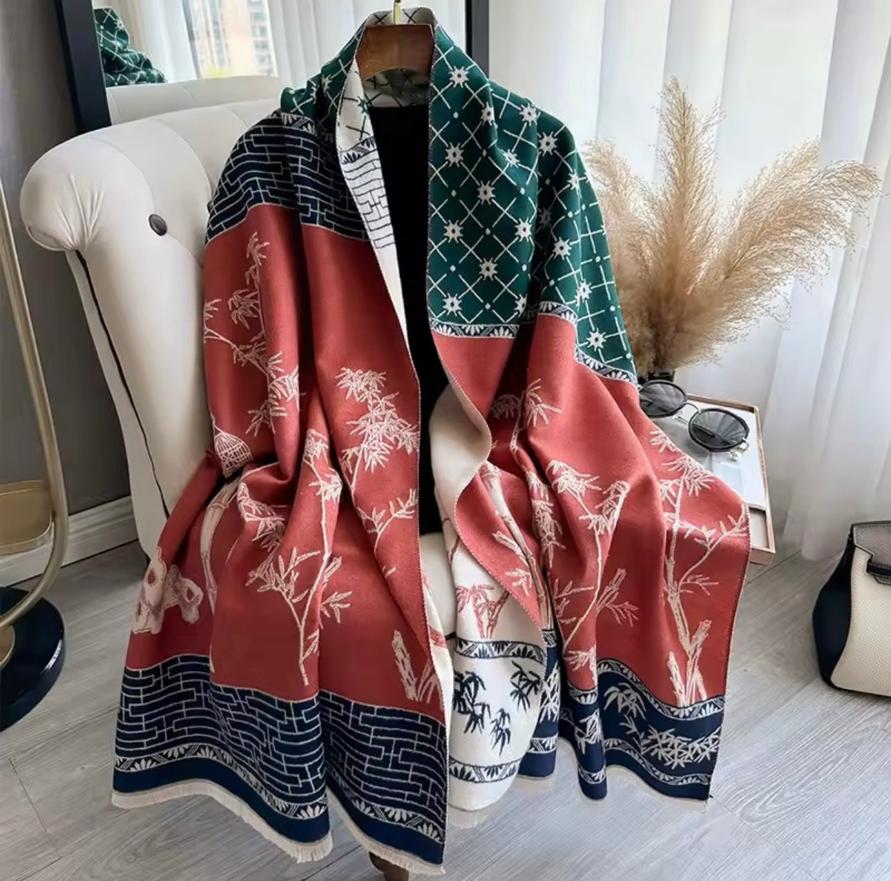 Luxury Women Floral Cashmere Touch Flower Scarf - Warm Fringe Shawl