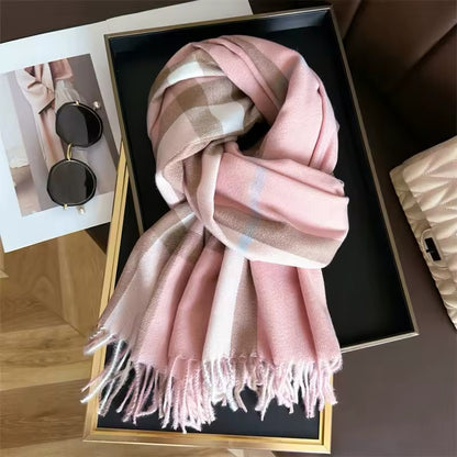 Men & Women Checked Pattern Cashmere Touch Scarf - Warm Fringe Shawl