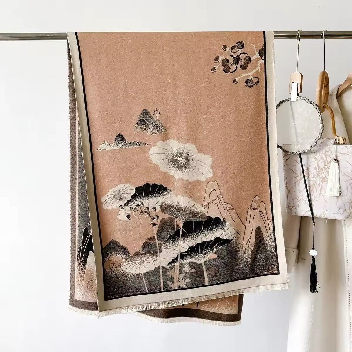 Luxury Women Floral Cashmere Touch Landscape Scarf - Warm Fringe Shawl