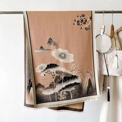 Luxury Women Floral Cashmere Touch Landscape Scarf - Warm Fringe Shawl