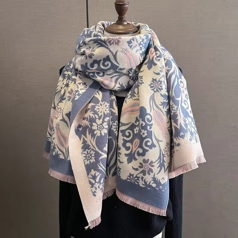 Luxury Women Classic Pashmina Double Sided Cashmere Touch Scarf - Warm Fringe Women Floral Shawl