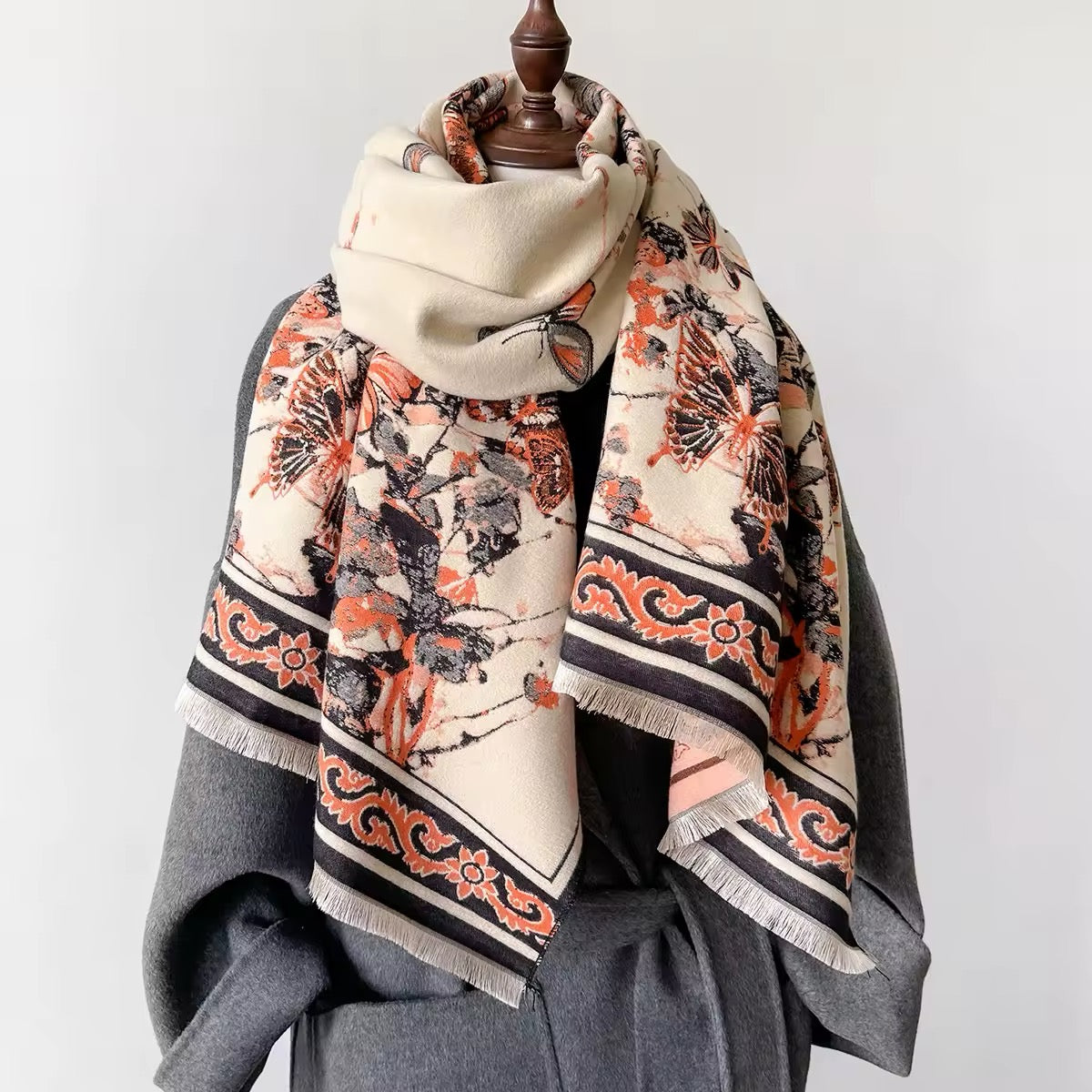 Luxury Women Floral Cashmere Touch Double Sided Butterfly Scarf - Warm Fringe Shawl