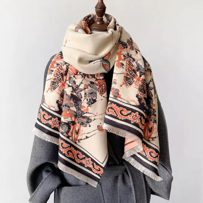Luxury Women Floral Cashmere Touch Double Sided Butterfly Scarf - Warm Fringe Shawl