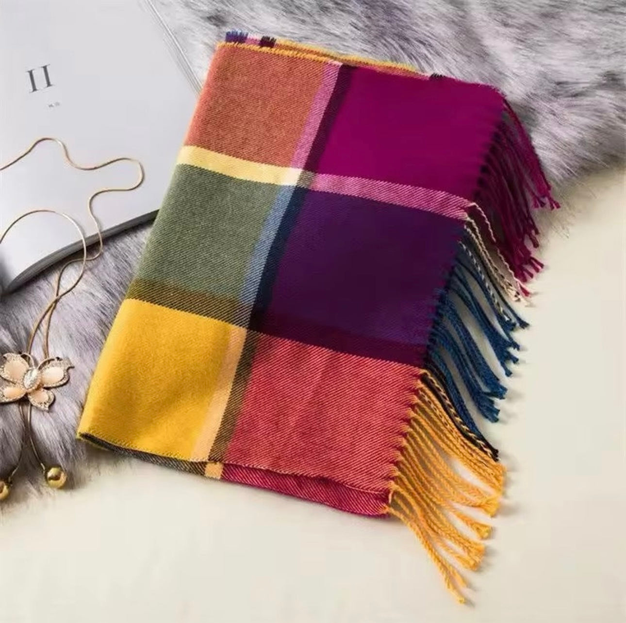 Men &  Women Checked Pattern Cashmere Touch Scarf - Warm Fringe Shawl