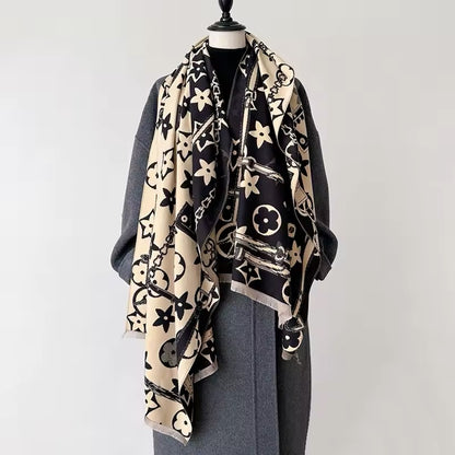 Luxury Women Floral Cashmere Touch Flower Scarf - Warm Fringe Shawl