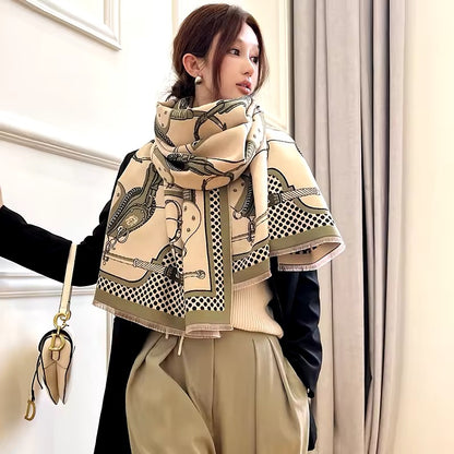 Luxury Women Limited Edition Horse Design Cashmere Touch Scarf - Warm Fringe Shawl