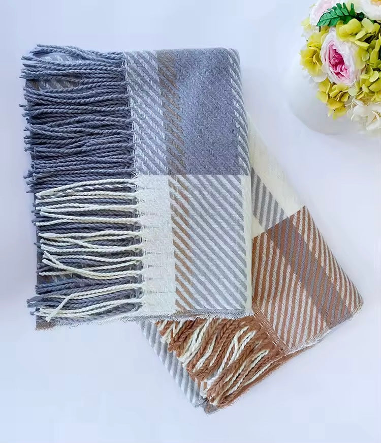 Men & Women Checked Pattern Cashmere Touch Scarf - Warm Fringe Shawl