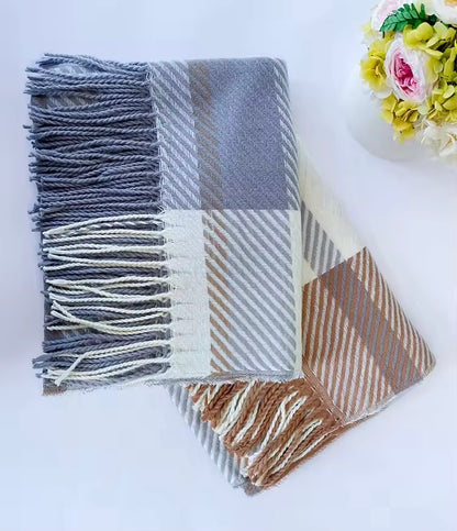 Men & Women Checked Pattern Cashmere Touch Scarf - Warm Fringe Shawl