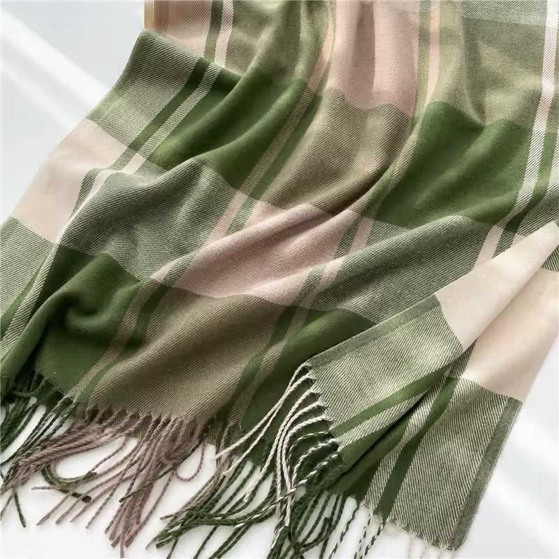 Men & Women Checked Pattern Cashmere Touch Scarf - Warm Fringe Shawl