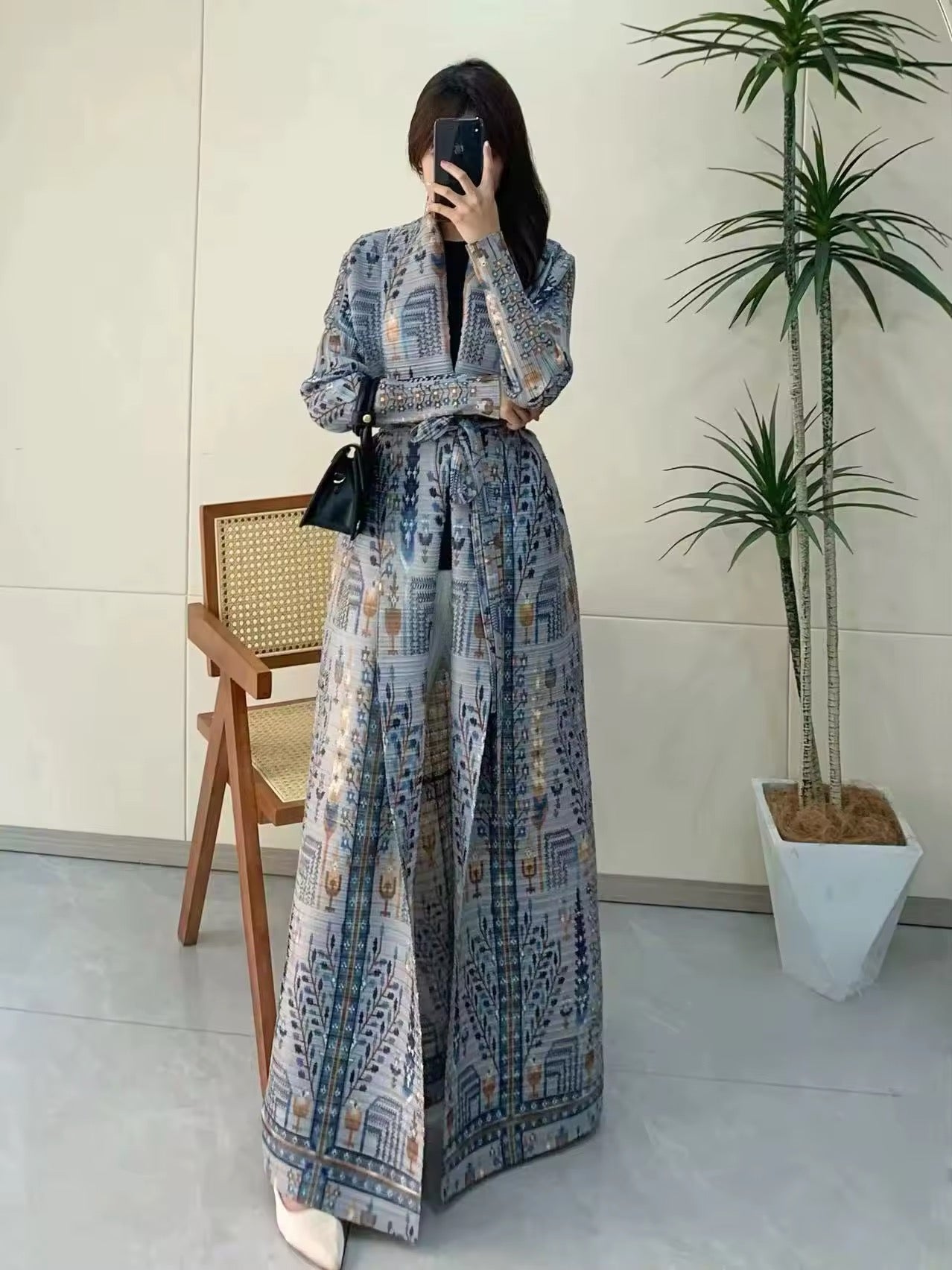 Women Split Abaya Vintage Printed Design Lapel Long Sleeved Open Front Cardigan Loose Big Collar