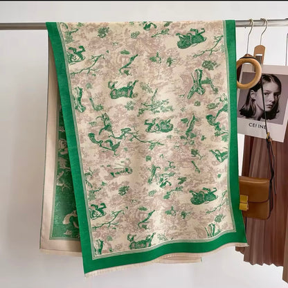 Luxury Women Floral Cashmere Touch Flower Scarf - Warm Fringe Shawl