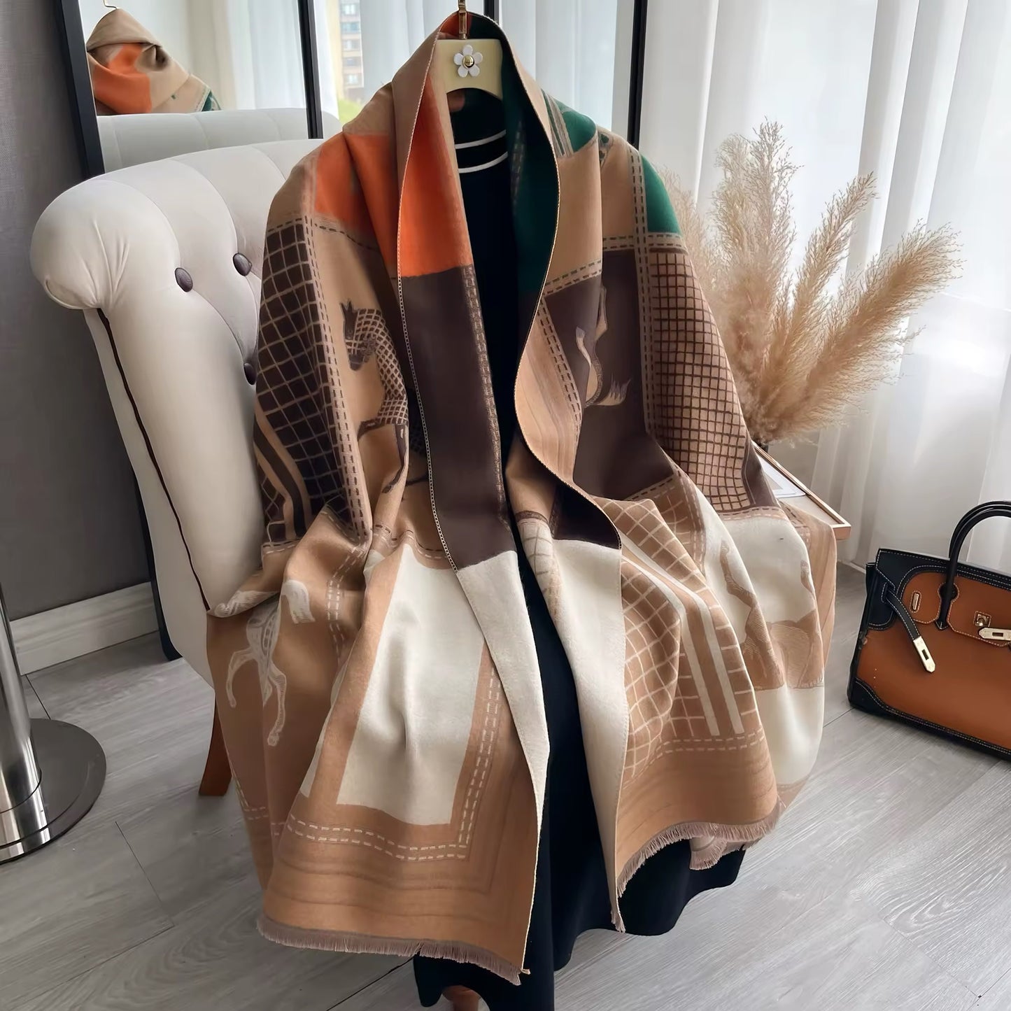 Luxury Women Limited Edition Horse Design Cashmere Touch Scarf - Warm Fringe Shawl