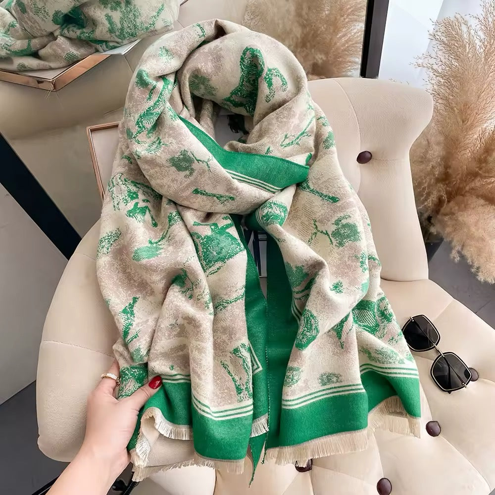 Luxury Women Floral Cashmere Touch Flower Scarf - Warm Fringe Shawl