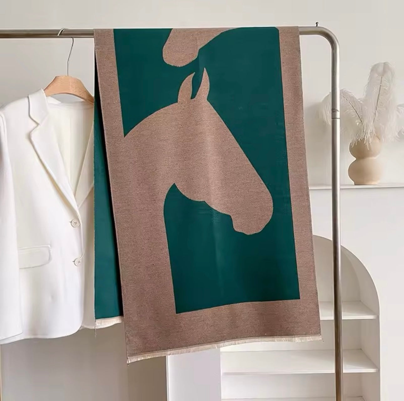 Luxury Women Limited Edition Horse Design Cashmere Touch Scarf - Warm Fringe Shawl