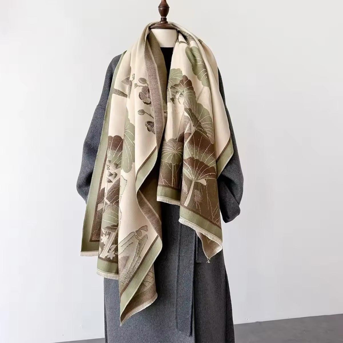 Luxury Women Floral Cashmere Touch Landscape Scarf - Warm Fringe Shawl
