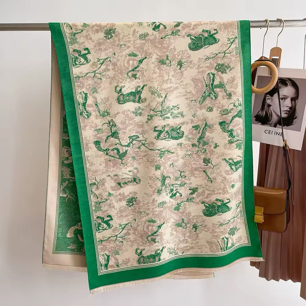 Luxury Women Floral Cashmere Touch Flower Scarf - Warm Fringe Shawl