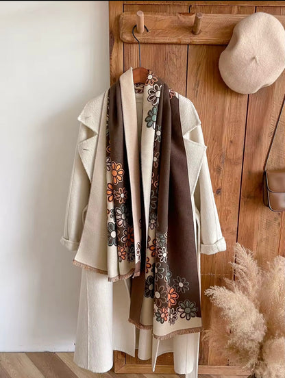 Luxury Women Floral Cashmere Touch Flower Scarf - Warm Fringe Shawl