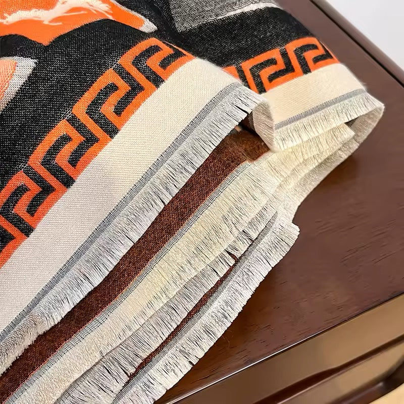 Luxury Women Limited Edition Horse Design Cashmere Touch Scarf - Warm Fringe Shawl