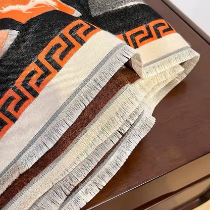 Luxury Women Limited Edition Horse Design Cashmere Touch Scarf - Warm Fringe Shawl