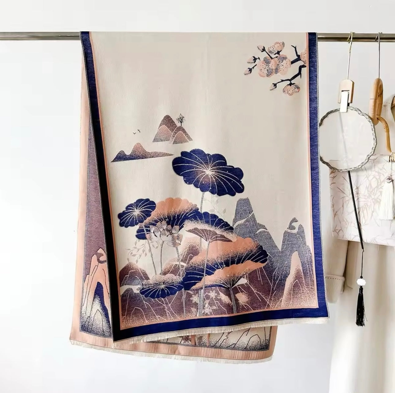 Luxury Women Floral Cashmere Touch Landscape Scarf - Warm Fringe Shawl