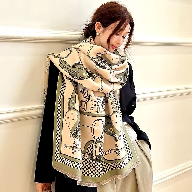 Luxury Women Limited Edition Horse Design Cashmere Touch Scarf - Warm Fringe Shawl