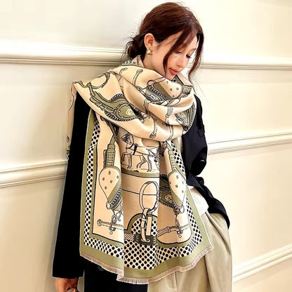 Luxury Women Limited Edition Horse Design Cashmere Touch Scarf - Warm Fringe Shawl