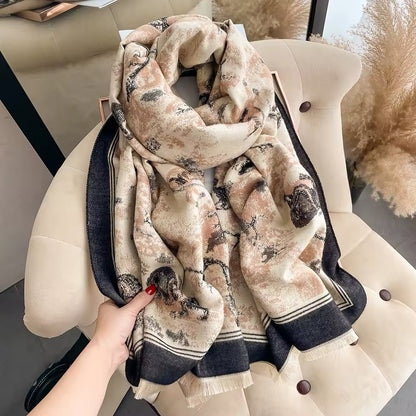 Luxury Women Floral Cashmere Touch Flower Scarf - Warm Fringe Shawl