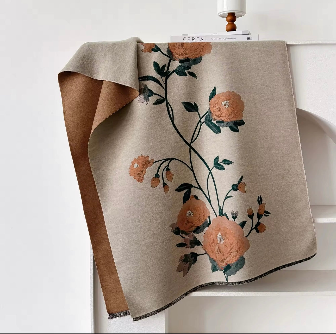 Luxury Women Floral Cashmere Touch Flower Scarf - Warm Fringe Shawl