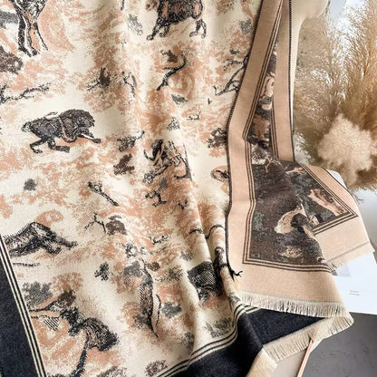 Luxury Women Floral Cashmere Touch Flower Scarf - Warm Fringe Shawl