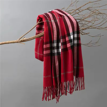 Men & Women Checked Pattern Cashmere Touch Scarf - Warm Fringe Shawl