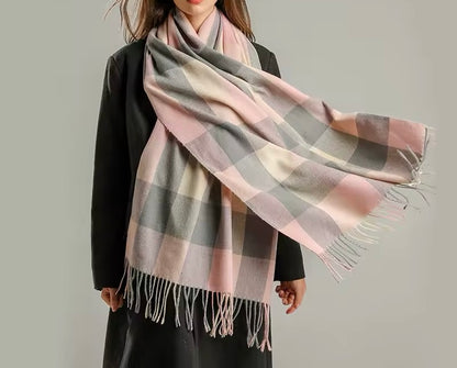 Men & Women Checked Pattern Cashmere Touch Scarf - Warm Fringe Shawl