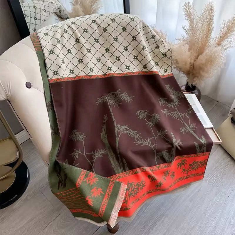 Luxury Women Floral Cashmere Touch Flower Scarf - Warm Fringe Shawl