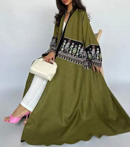 Women Split Abaya Long Open Front Embroidery Robe Kaftan Modest Cardigan