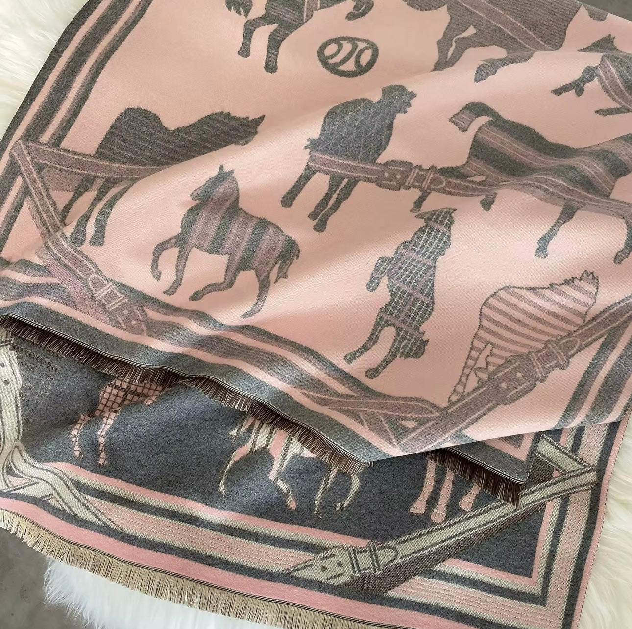 Luxury Women Limited Edition Horse Design Cashmere Touch Scarf - Warm Fringe Shawl