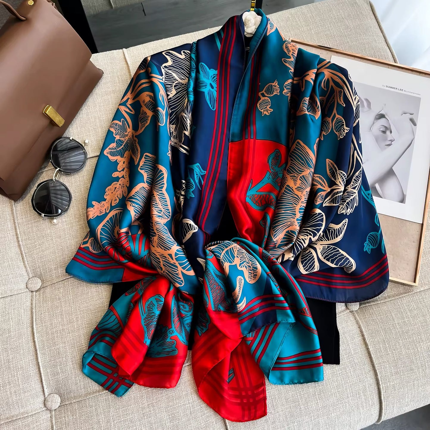 Satin Shawls Autumn Colour Print Luxury Silk Scarf Scarves Women Silk Satin