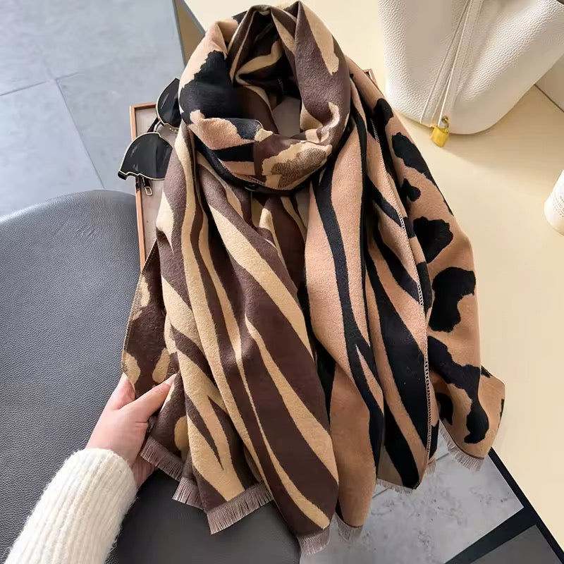Tiger and Leopard Print Scarf Thickened Warm Cashmere Double Sided Shawl Women Allure