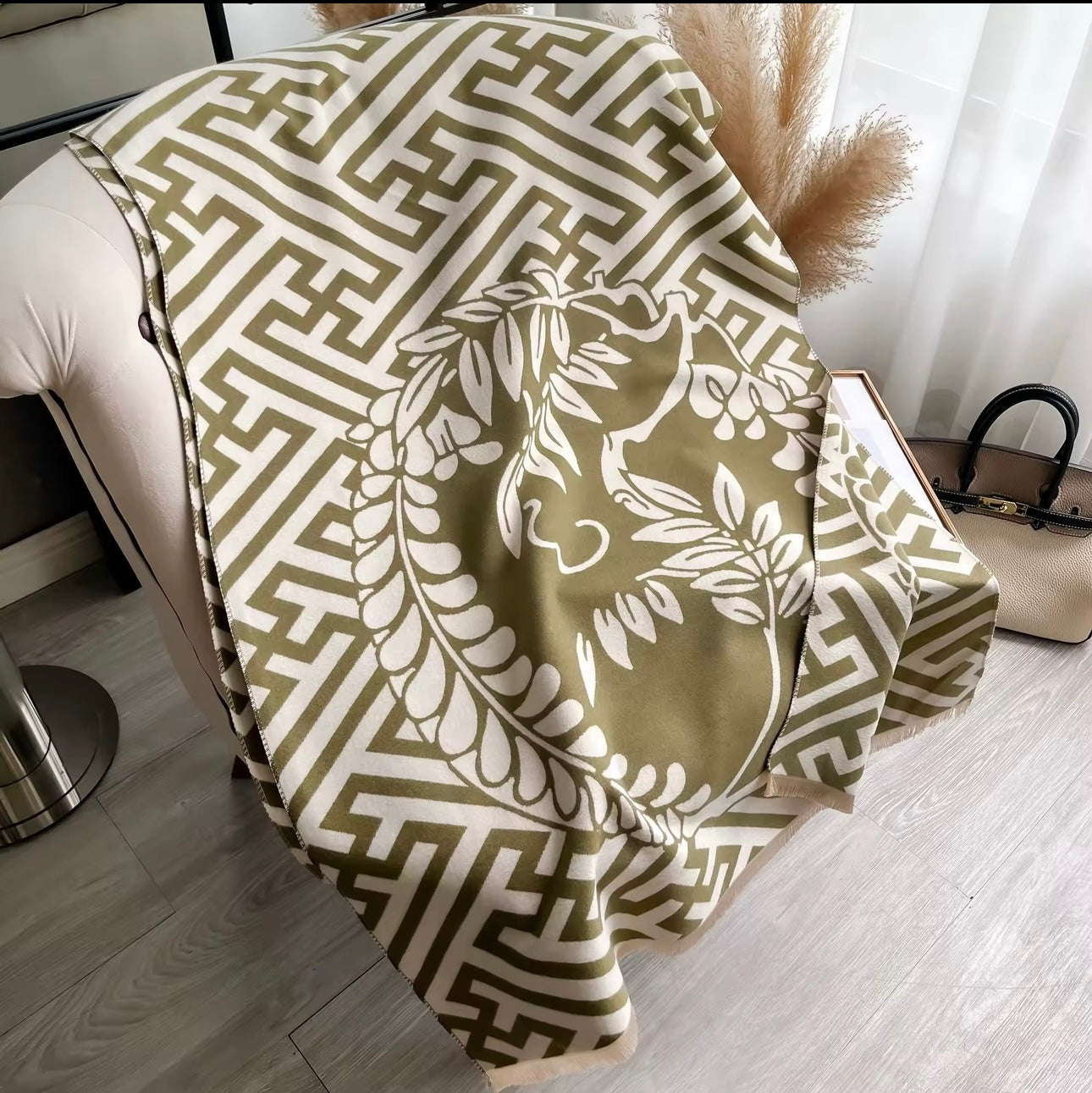 Luxury Women Floral Cashmere Touch Flower Scarf - Warm Fringe Shawl