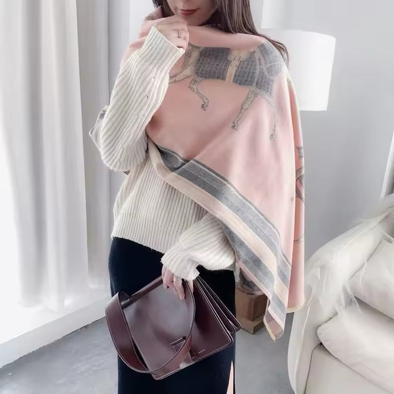 Luxury Women Limited Edition Horse Design Cashmere Touch Scarf - Warm Fringe Shawl