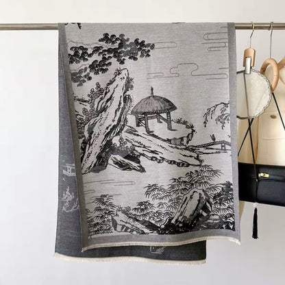 Luxury Women Floral Cashmere Touch Landscape Scarf - Warm Fringe Shawl