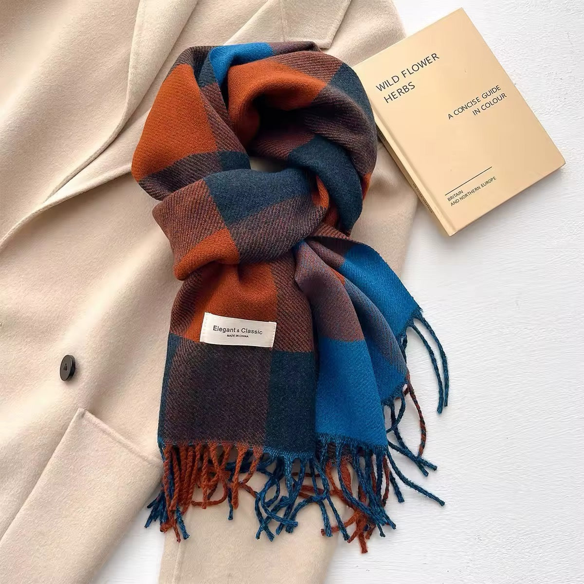 Men & Women Checked Pattern Cashmere Touch Scarf - Warm Fringe Shawl