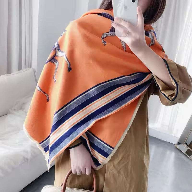 Luxury Women Limited Edition Horse Design Cashmere Touch Scarf - Warm Fringe Shawl