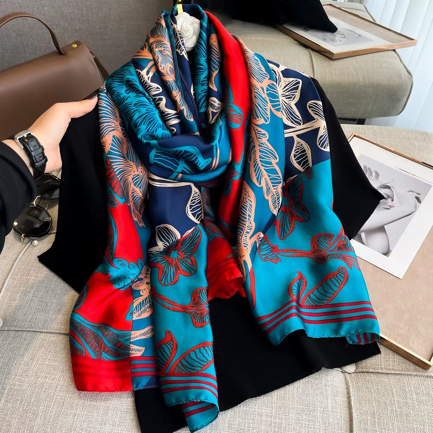 Satin Shawls Autumn Colour Print Luxury Silk Scarf Scarves Women Silk Satin